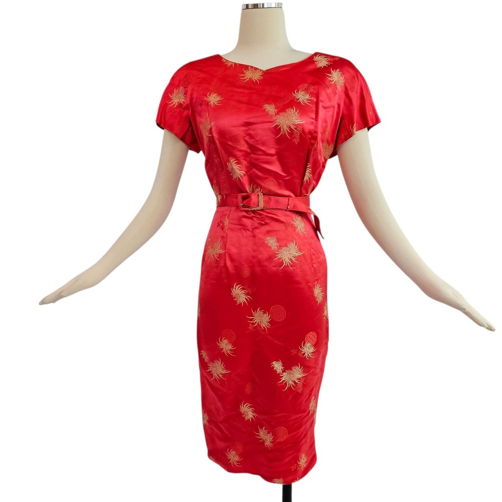 Vintage 1960's Dress Pencil Dress  Red Gold Silk Short Sleeve Belt Shift